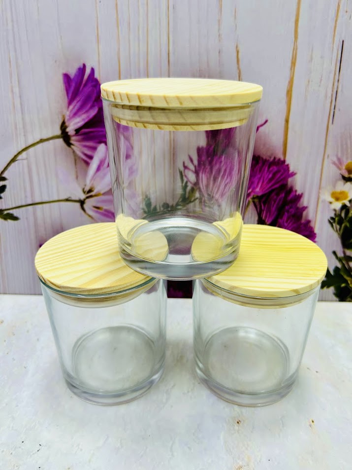 Vaso de vidrio industrial grande con tapa de madera (pino)