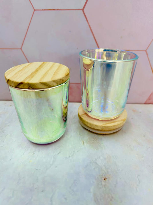 Vaso de Vidrio Tornasol Pequeño con tapa de madera