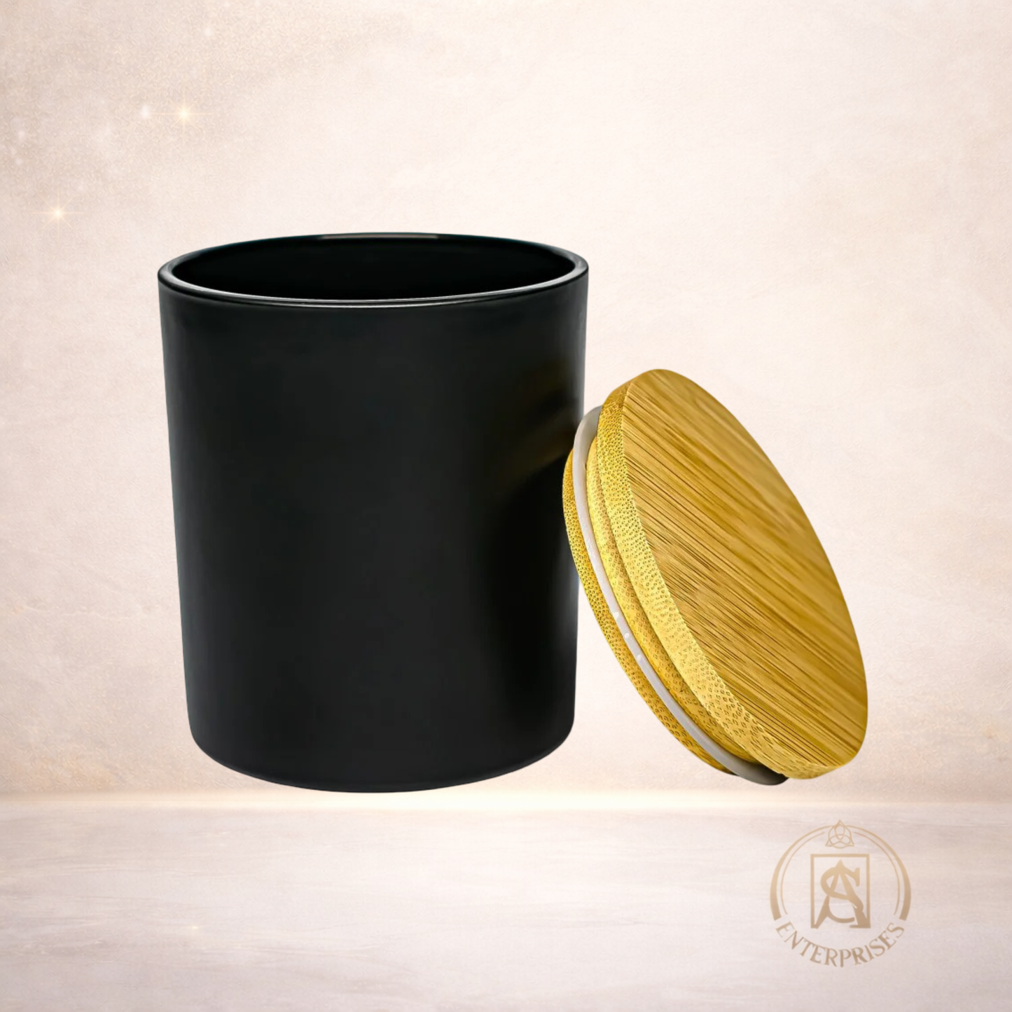 Vaso de Vidrio Negro con Tapa Madera / Dorada / Plateada