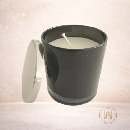 Vaso de Vidrio Negro con Tapa Madera / Dorada / Plateada