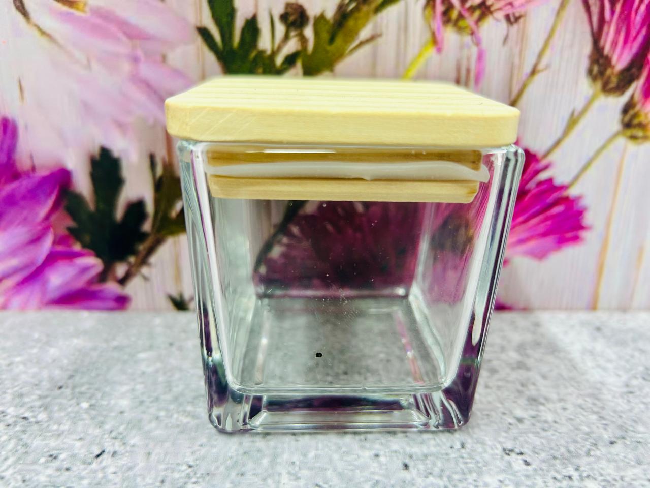 Vaso de Vidrio Cuadrado pequeño con tapa de Bambú