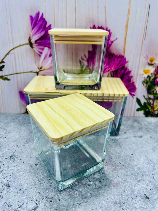 Vaso de Vidrio Cuadrado pequeño con tapa de Bambú