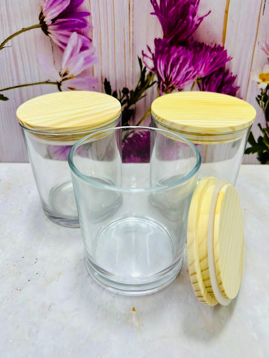 Vaso de vidrio industrial grande con tapa de madera (pino)