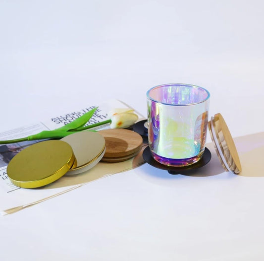 Vaso de Vidrio Tornasol Grande con tapa (madera y metálica)